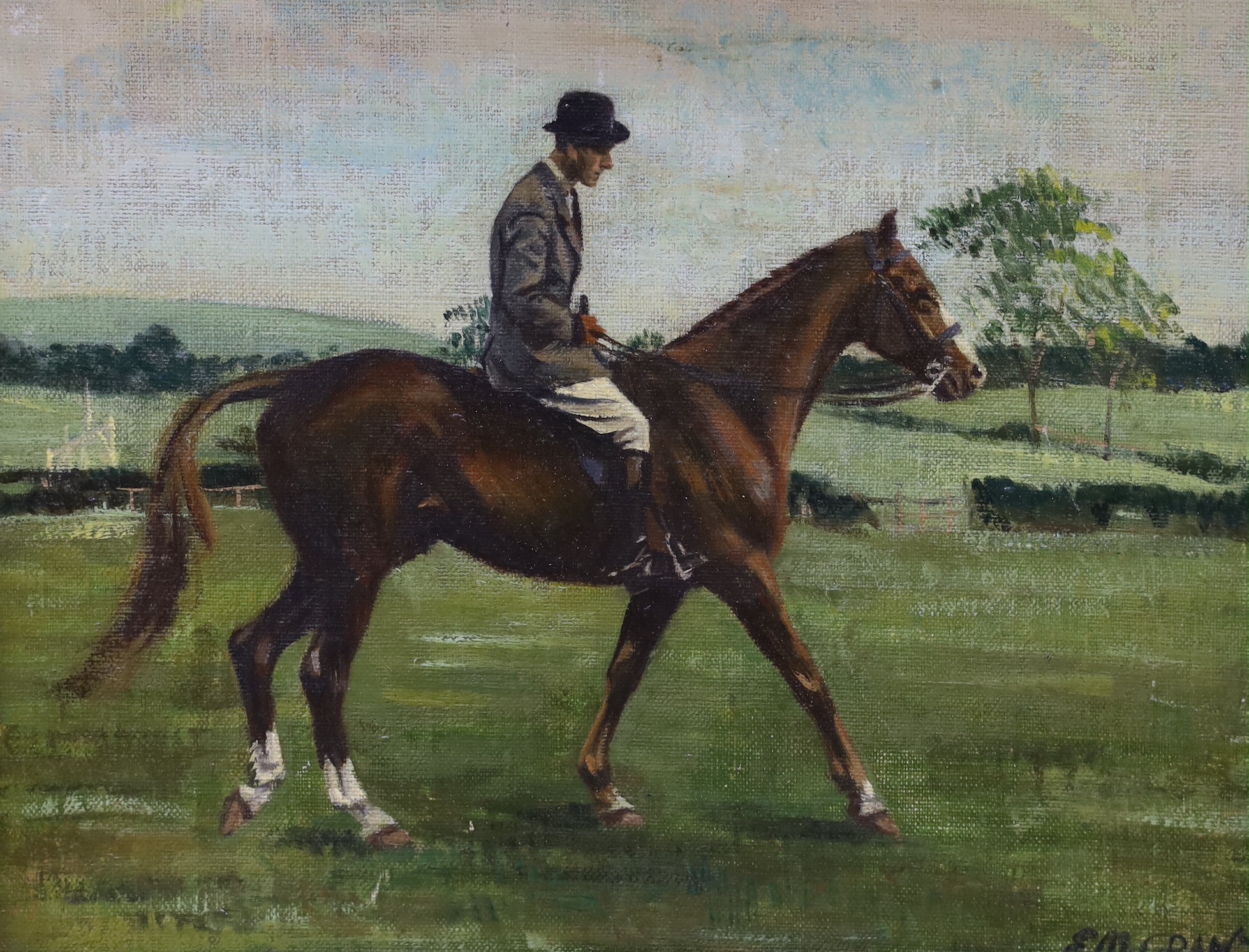 E.M Grant, two oils on canvas board, Equestrian studies, signed, 23 x 29cm